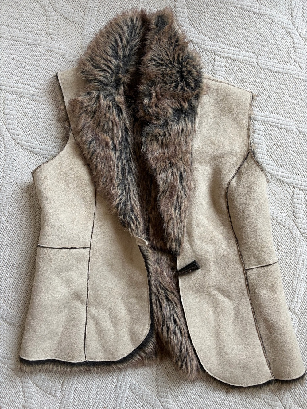 Alfani Cream Faux-Shearling Vest with Brown Faux-Fur Trim